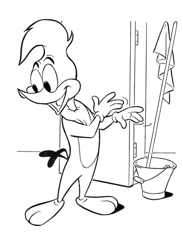 Pica-Pau com luvas e balde, pronto para a faxina em desenho para colorir.