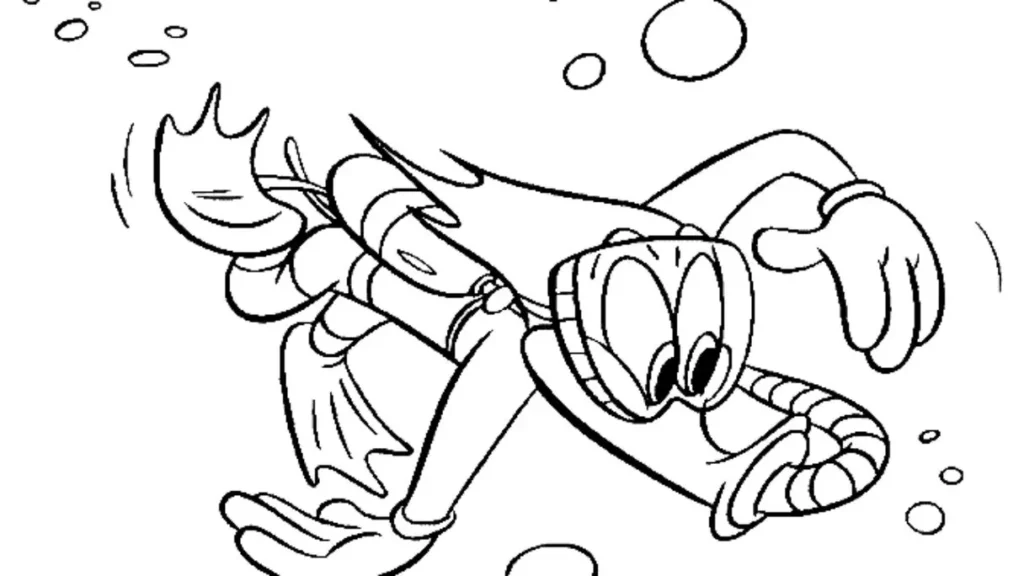Pica Pau para colorir mergulhando: desenho subaquático com máscara e nadadeiras.