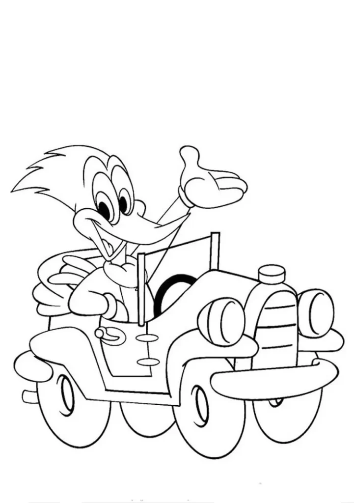 Pica Pau em carro antigo: Desenho para colorir.