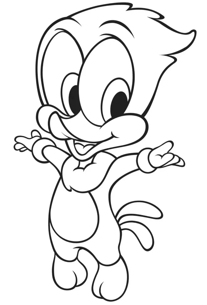 Pica Pau Jovem para colorir: desenho do personagem sorrindo com braços abertos.