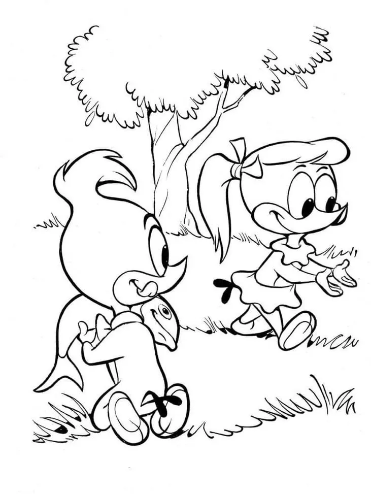 Desenho para colorir dos sobrinhos do Pica Pau, Zeca e Zequinha, em cena campestre.