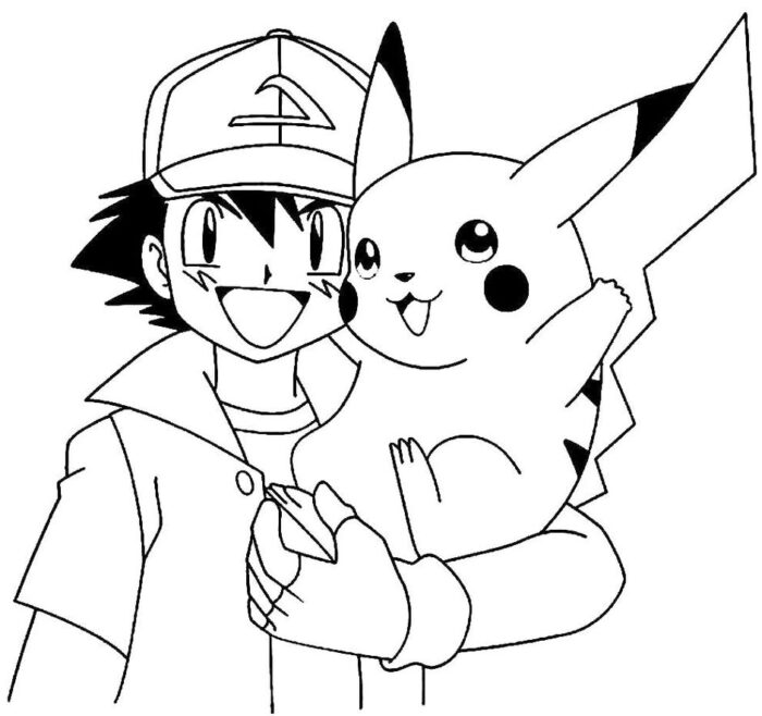 Ash Ketchum abraçando Pikachu: Desenho para colorir