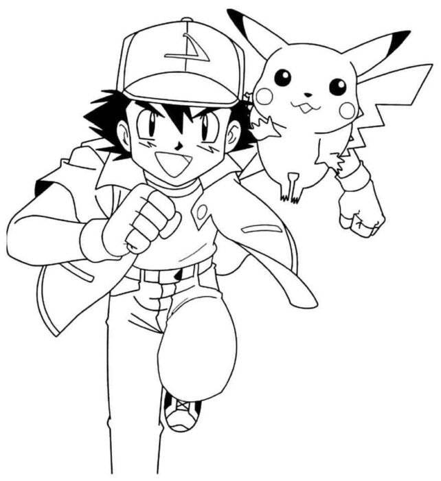 Pikachu e Ash Ketchum em desenho para colorir: A dupla correndo em aventura.