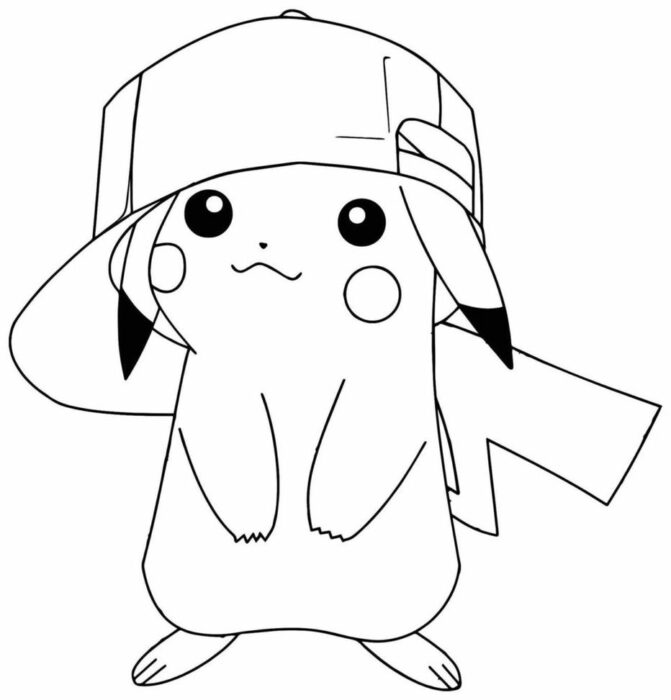 Pikachu de boné para colorir: desenho divertido do Pokémon icônico com chapéu.