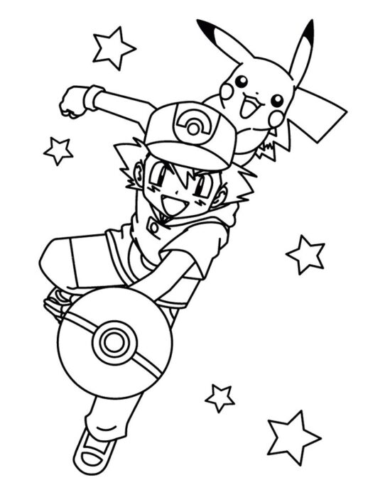 Desenho de Ash e Pikachu para colorir