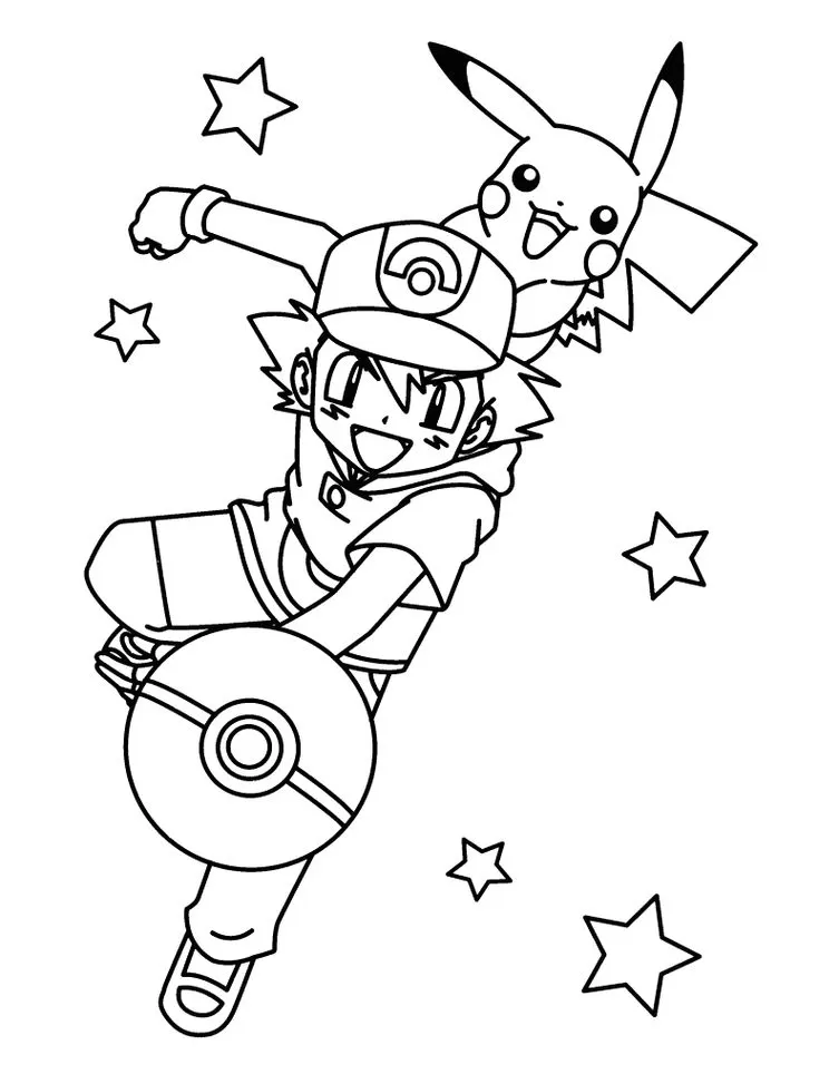 Desenho de Ash e Pikachu para colorir