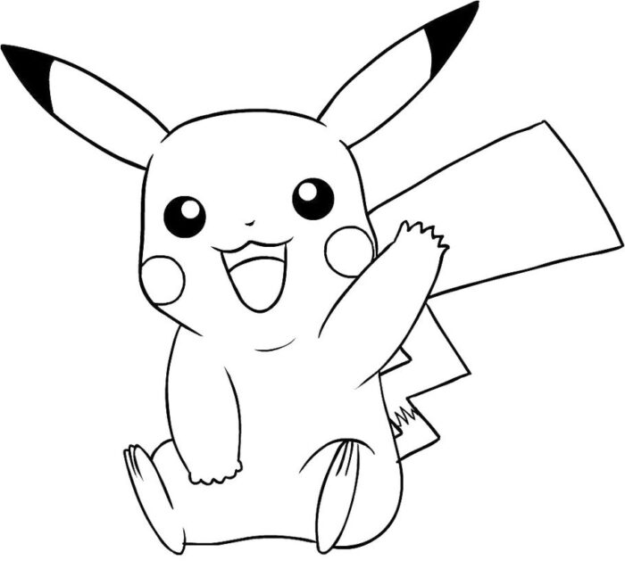 Pikachu feliz para colorir: desenho sorrindo e acenando.