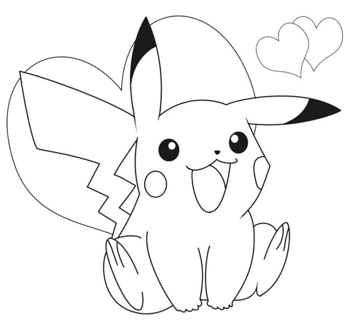 Pikachu apaixonado para colorir: desenho fofo com coração.