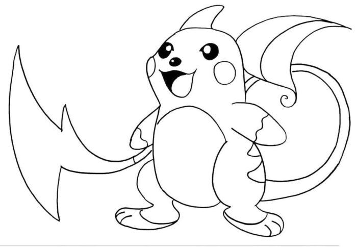 Raichu sorrindo para colorir: Pokémon com cauda de raio e corpo arredondado.