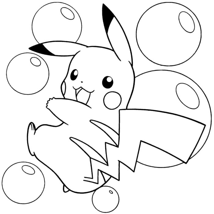Pikachu para colorir com Pokébolas ao redor