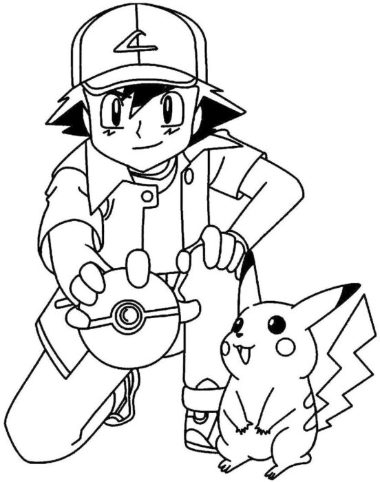 Pikachu e Ash Ketchum para colorir: Desenho do Pokémon segurando a pokebola.