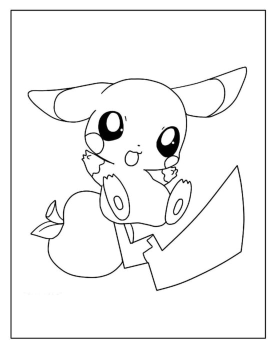 Pikachu bebê sentado em desenho para colorir com fruta.