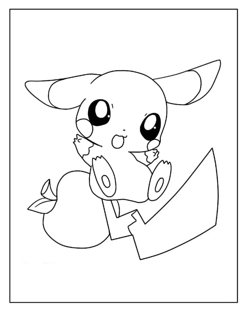 Pikachu bebê sentado em desenho para colorir com fruta.