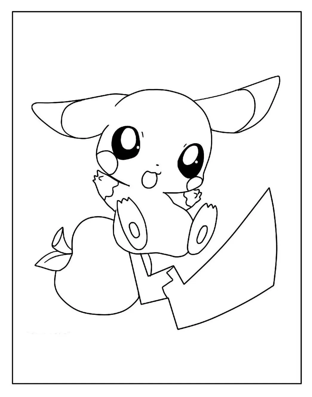 Pikachu bebê sentado em desenho para colorir com fruta.