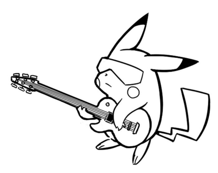 Pikachu roqueiro para colorir: desenho do Pokémon tocando guitarra com óculos de sol.