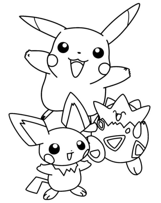 Desenho de Pikachu, Pichu e Togepi para colorir. Arte com três Pokémons.