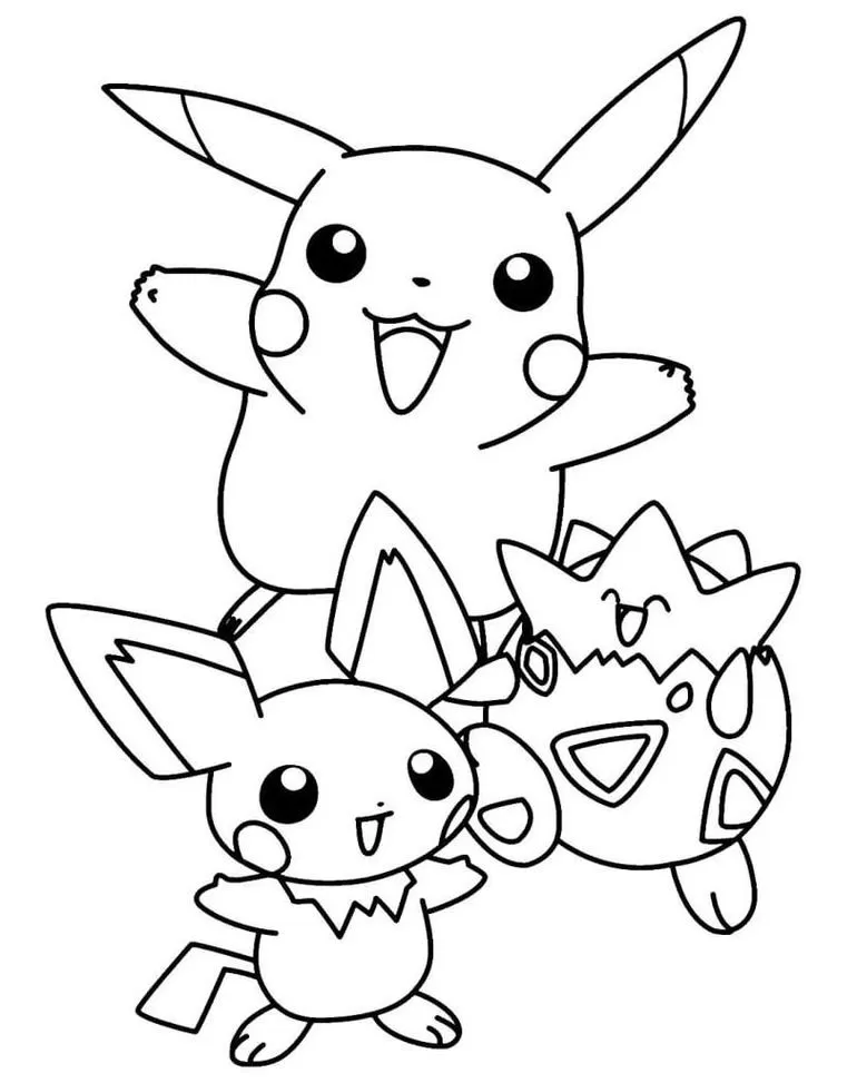 Desenho de Pikachu, Pichu e Togepi para colorir. Arte com três Pokémons.
