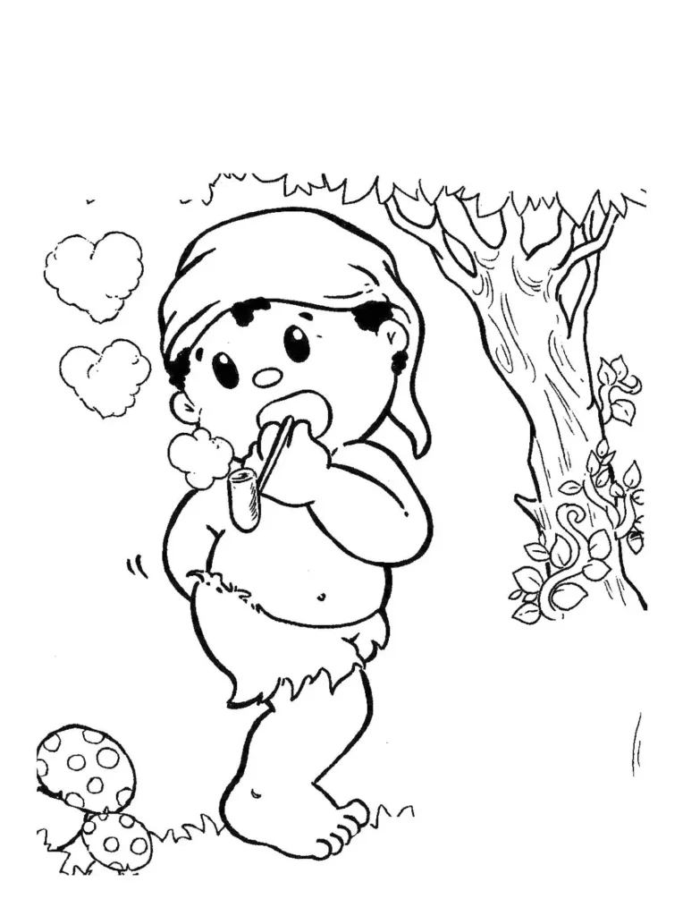 Desenhos do Saci Pererê para colorir Coração de Fumaça Saci Pererê Coração de Fumaça para colorir: desenho com gorro e cachimbo perto de cogumelo e árvore.