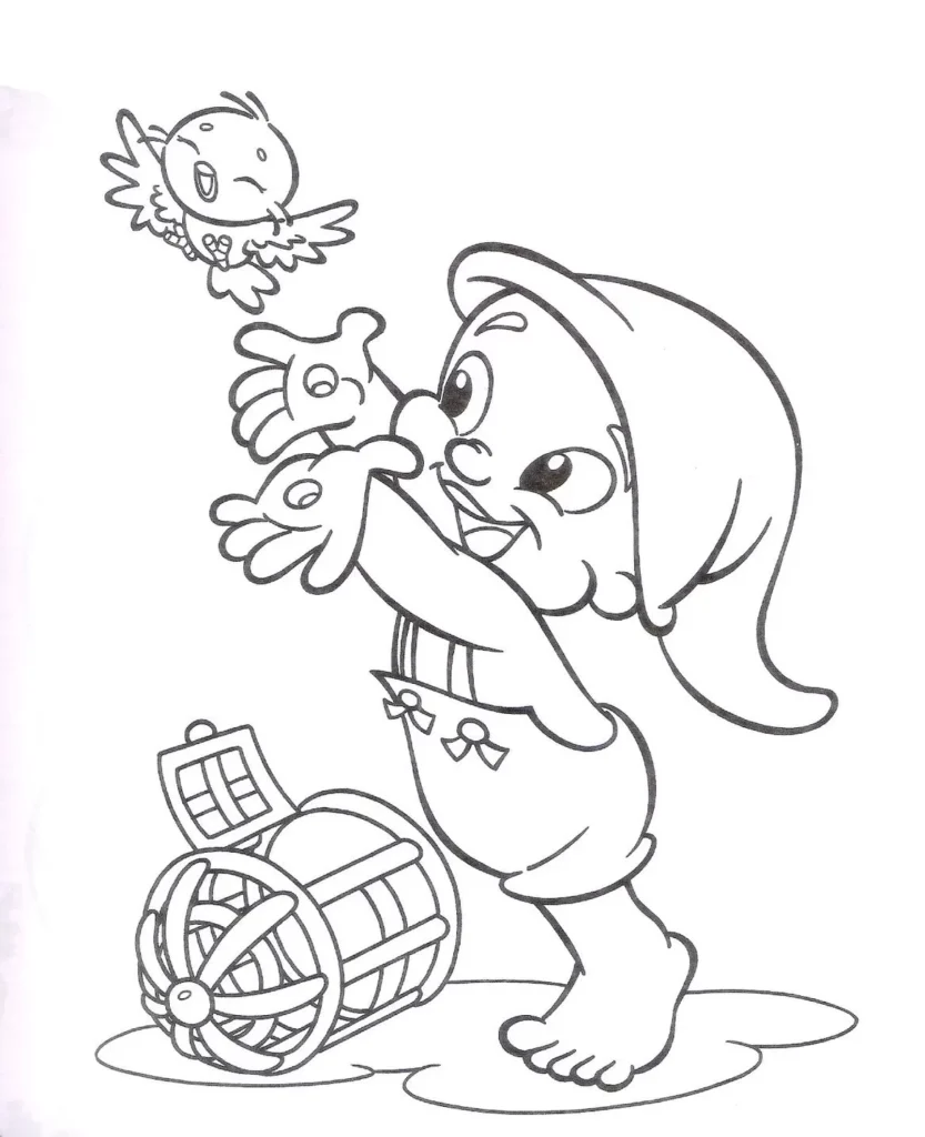 Desenhos do Saci Pererê para colorir Soltando Passarinho Saci Pererê sorrindo e libertando um passarinho: desenho para colorir.