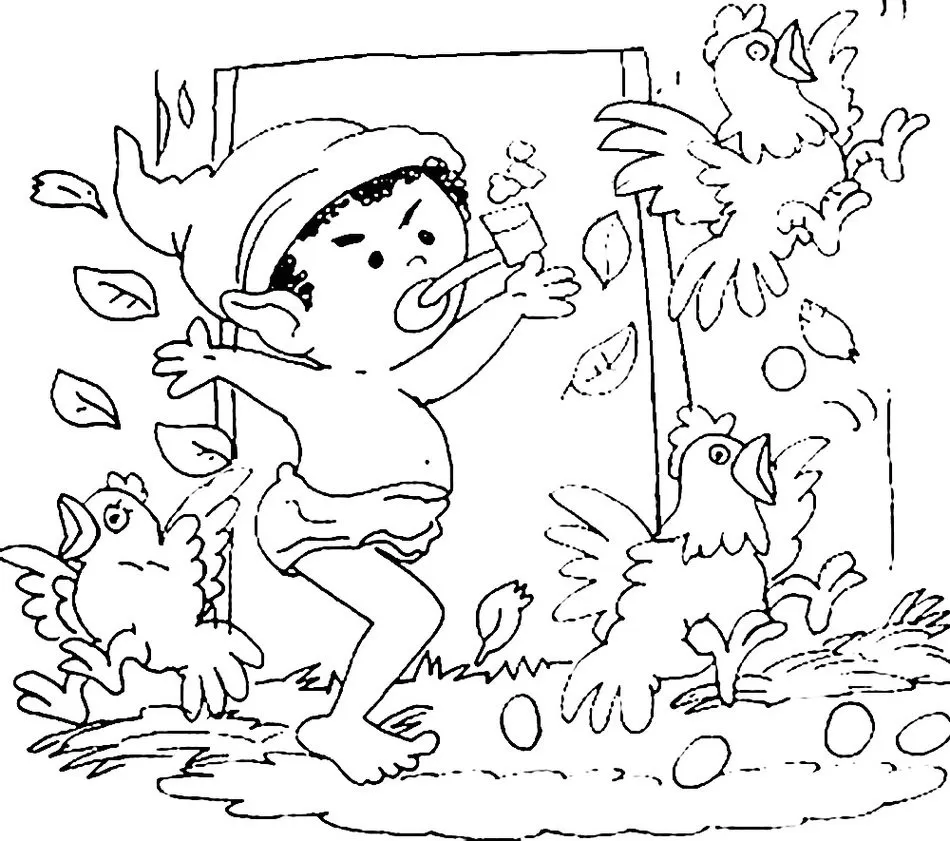 Desenhos do Saci Pererê para colorir Travessuras do Saci Saci Pererê aprontando travessuras em desenho para colorir: galinhas, ovos e fumaça.