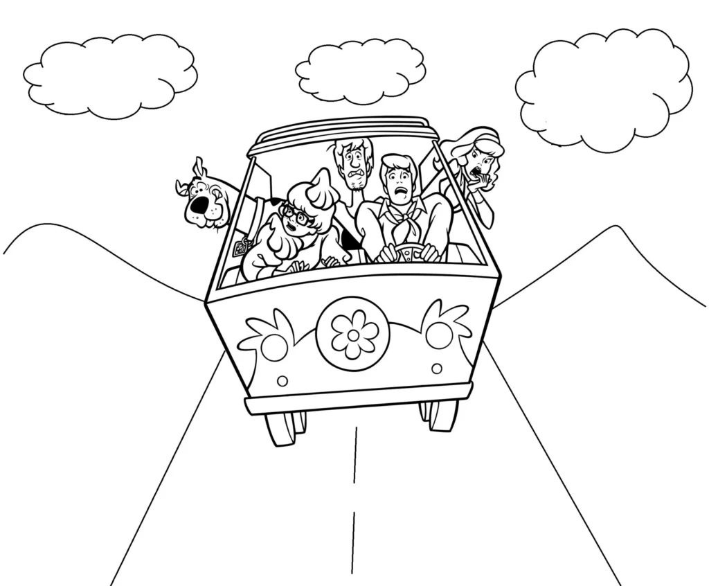 Scooby Doo em fuga na Máquina Mistério: desenho para colorir com aventura e paisagem montanhosa.