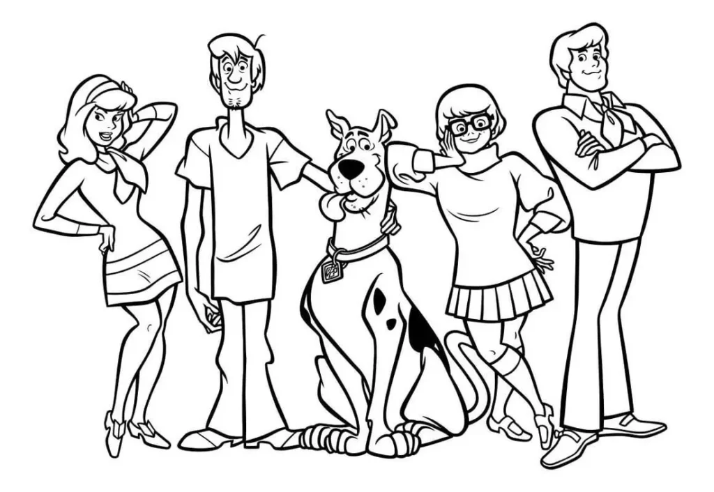 Scooby Doo e sua turma para colorir: Velma, Daphne, Fred, Salsicha e o famoso cão Scooby.