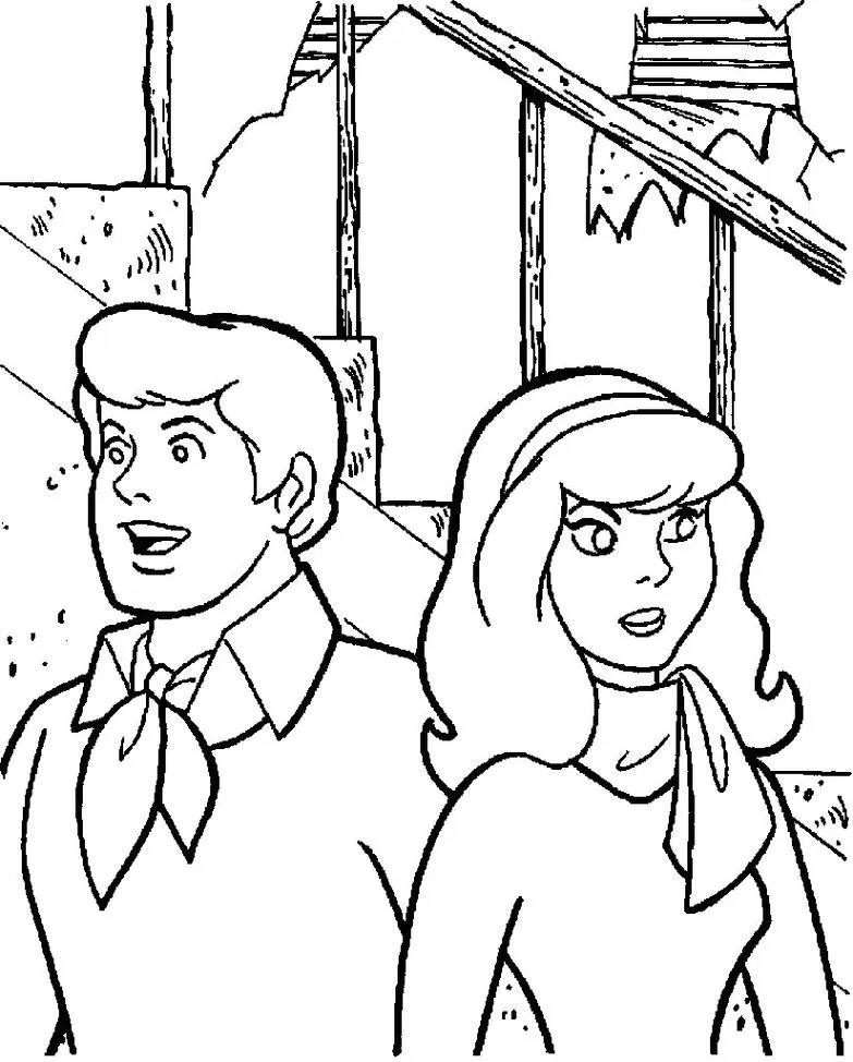 Desenho para colorir de Fred e Dafne do Scooby Doo em frente a ruínas.
