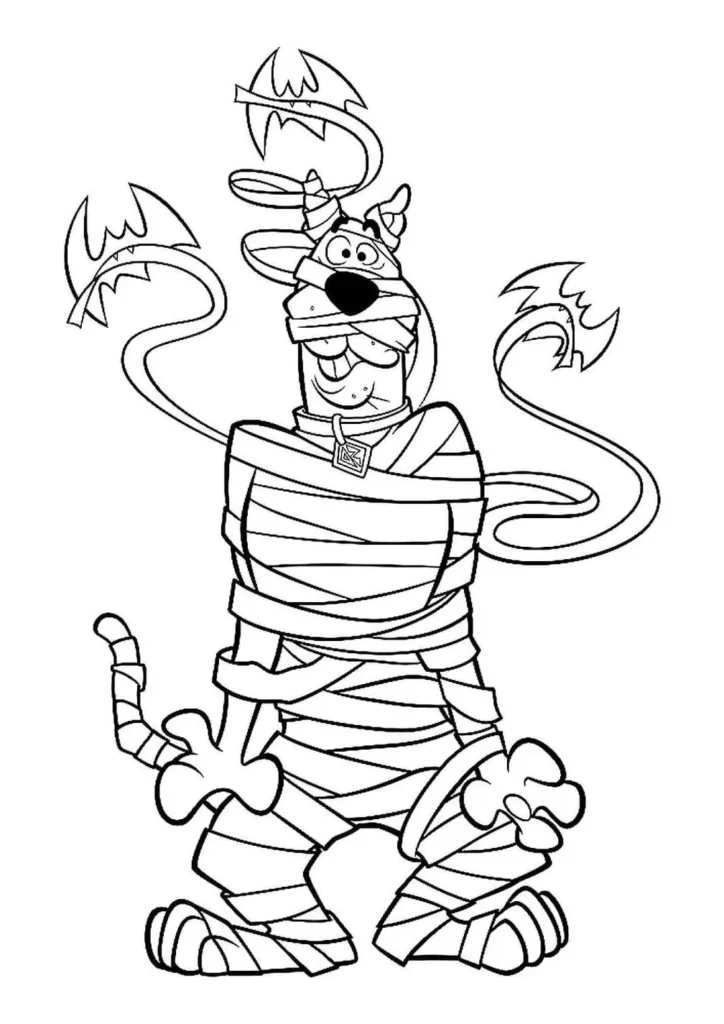 Scooby-Doo múmia para pintar: desenho do personagem enrolado em bandagens.