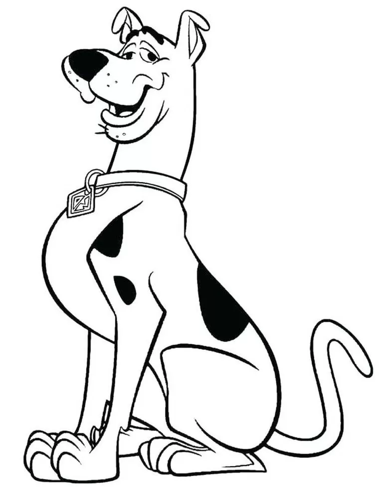 Scooby Doo sentado, pronto para colorir. Desenho com traços definidos e manchas características.