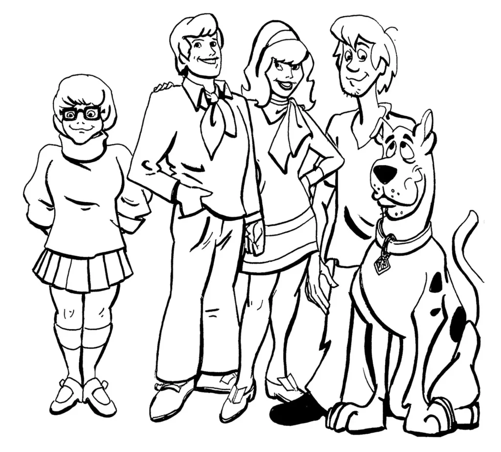 Turma Scooby Doo para colorir: Velma, Fred, Daphne, Salsicha e Scooby sorrindo.