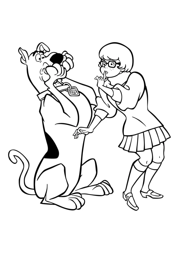 Desenho para colorir Scooby-Doo e Velma: A dupla em cena clássica.