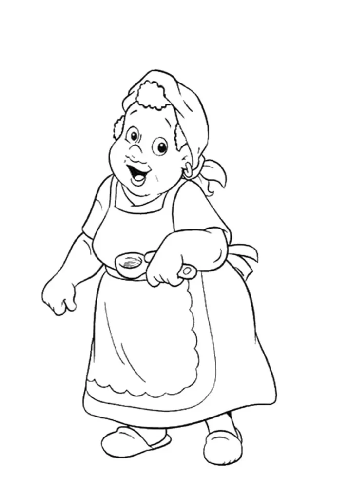 Desenho para colorir: Dona Benta, do Sítio do Picapau Amarelo, feliz na cozinha com avental e colher.