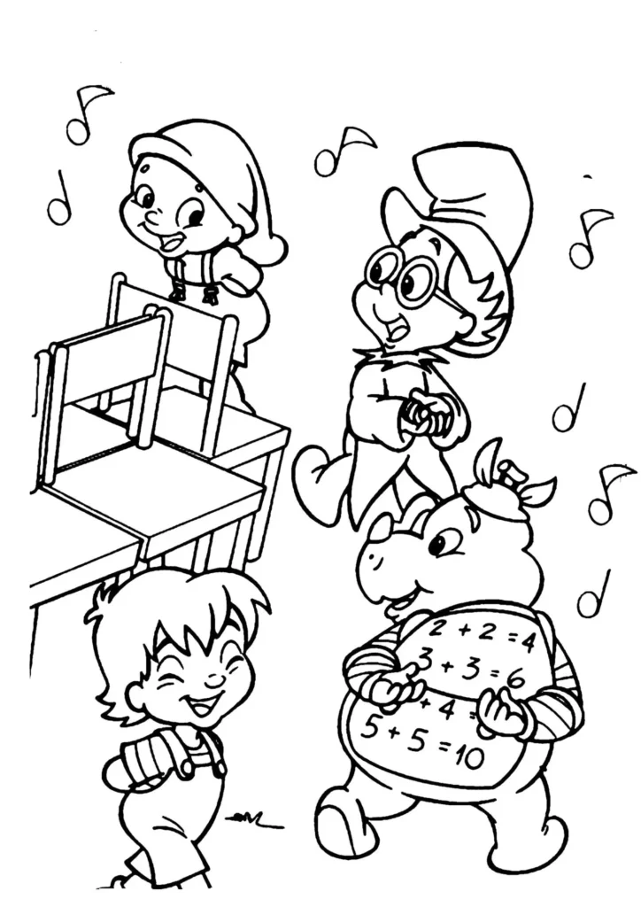 Sítio do Picapau Amarelo: Desenho para colorir da Brincadeira das Cadeiras com Emília, Visconde e Pedrinho.