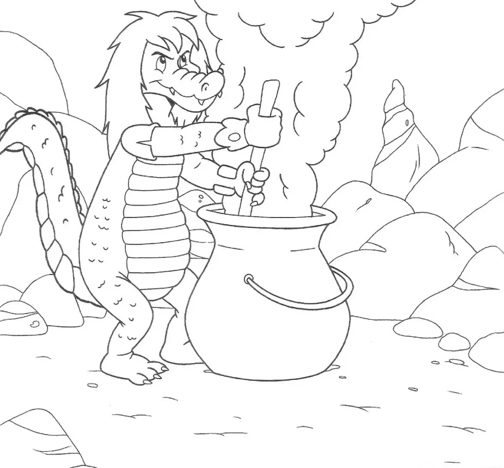 Desenho da Cuca e seu caldeirão fumegante do Sítio do Picapau Amarelo para colorir. Cuca, criatura com escamas, cauda longa e cabelo espetado, mexe a poção no caldeirão em meio a rochas.