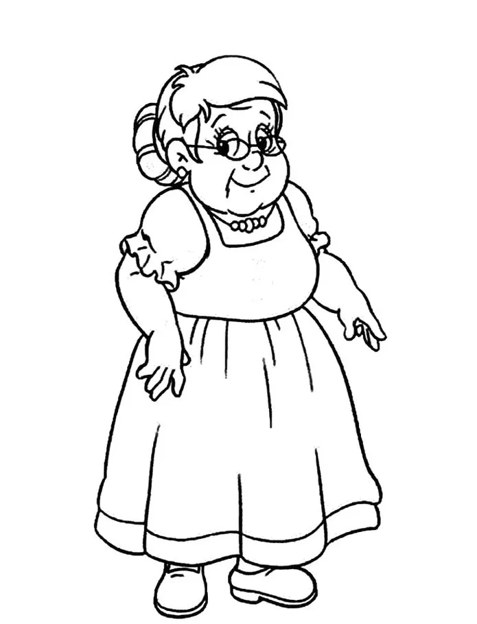 Dona Benta do Sítio do Picapau Amarelo para colorir. Desenho da personagem com vestido longo, colar de pérolas e óculos redondos.