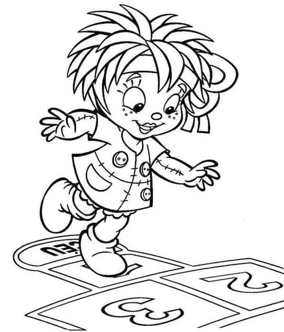 Emília do Sítio do Picapau Amarelo pulando amarelinha: desenho para colorir.