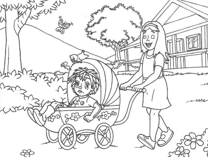 Desenho do Sítio do Picapau Amarelo para colorir: Narizinho e Emília em carrinho de bebê florido