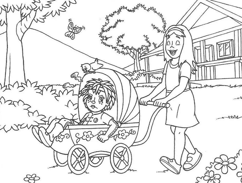 Desenho do Sítio do Picapau Amarelo para colorir: Narizinho e Emília em carrinho de bebê florido