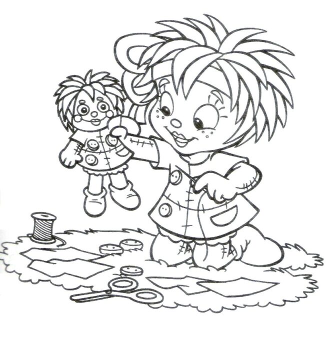 Desenho para colorir do Sítio do Picapau Amarelo: Emília e sua boneca em momento criativo.