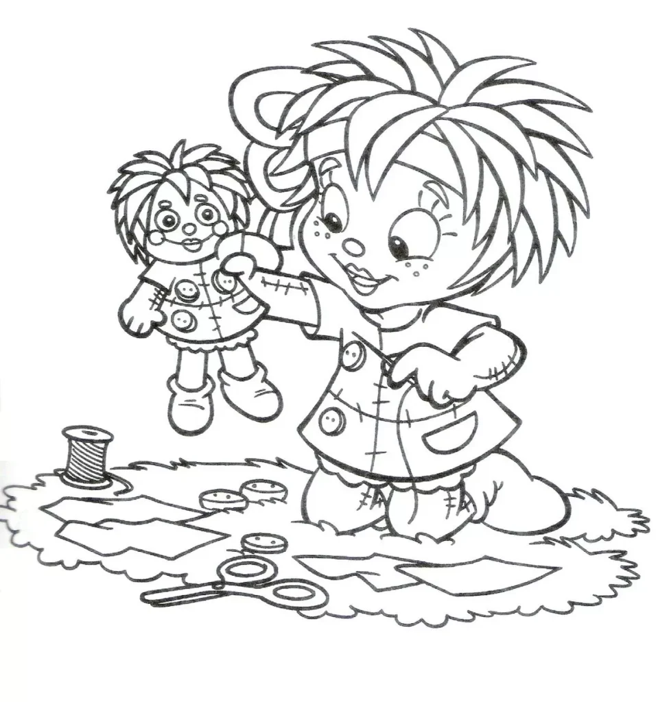 Desenho para colorir do Sítio do Picapau Amarelo: Emília e sua boneca em momento criativo.