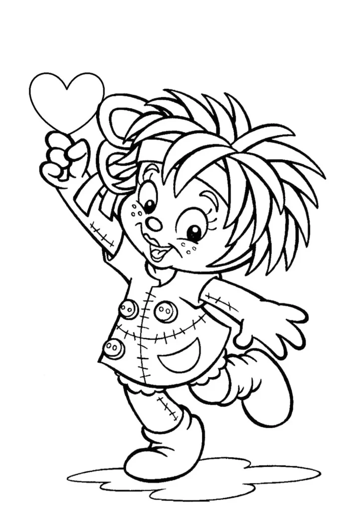Emília do Sítio do Picapau Amarelo para colorir segurando um coração. Desenho da boneca de pano com traços característicos como cabelo espetado e vestido remendado.