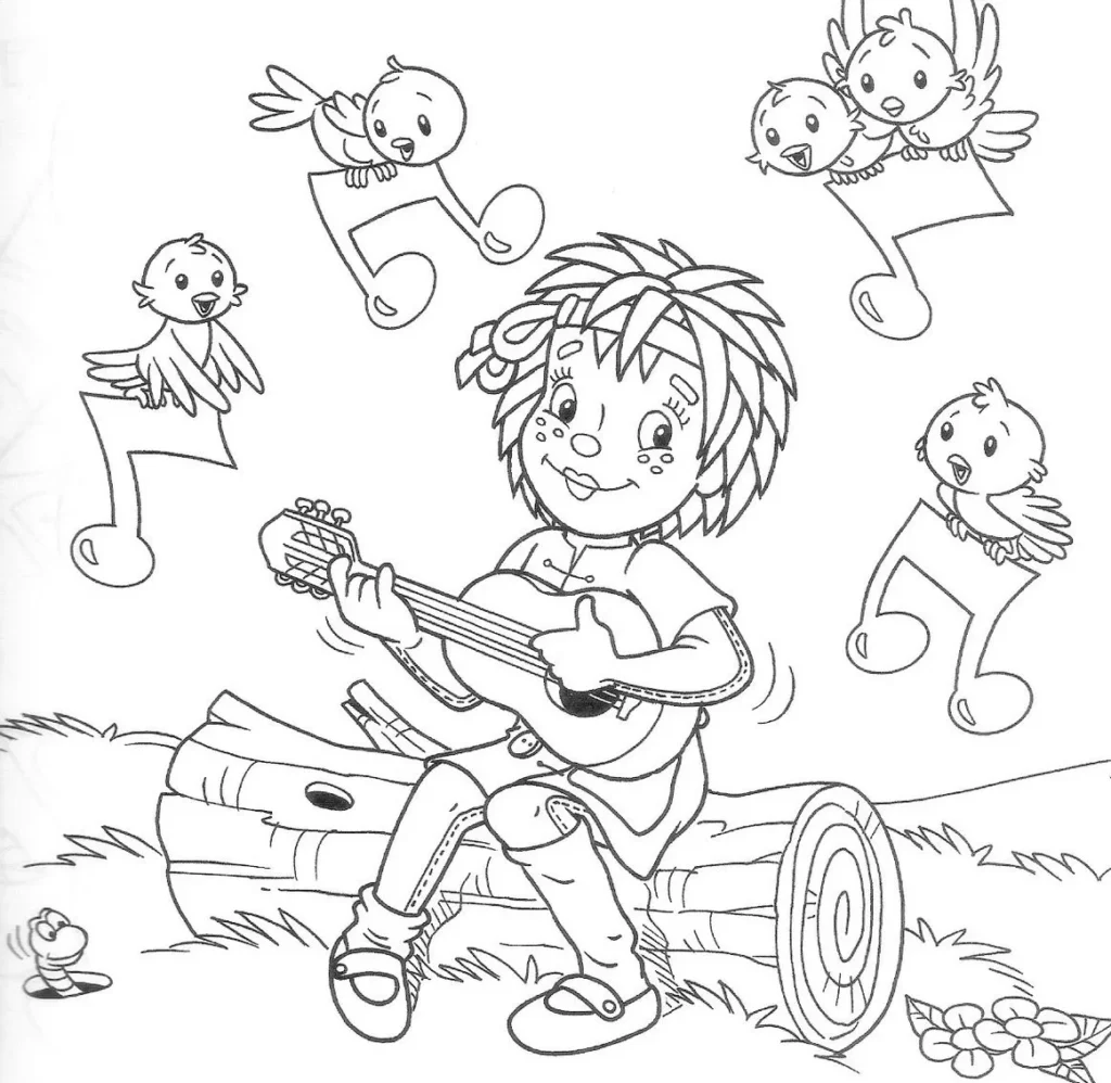 Emília do Sítio do Picapau Amarelo tocando violão em desenho para colorir.