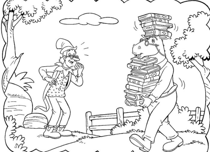 Cena do Sítio do Picapau Amarelo para colorir: Conselheiro e homem surpreso com livros.