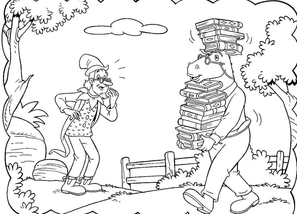 Cena do Sítio do Picapau Amarelo para colorir: Conselheiro e homem surpreso com livros.