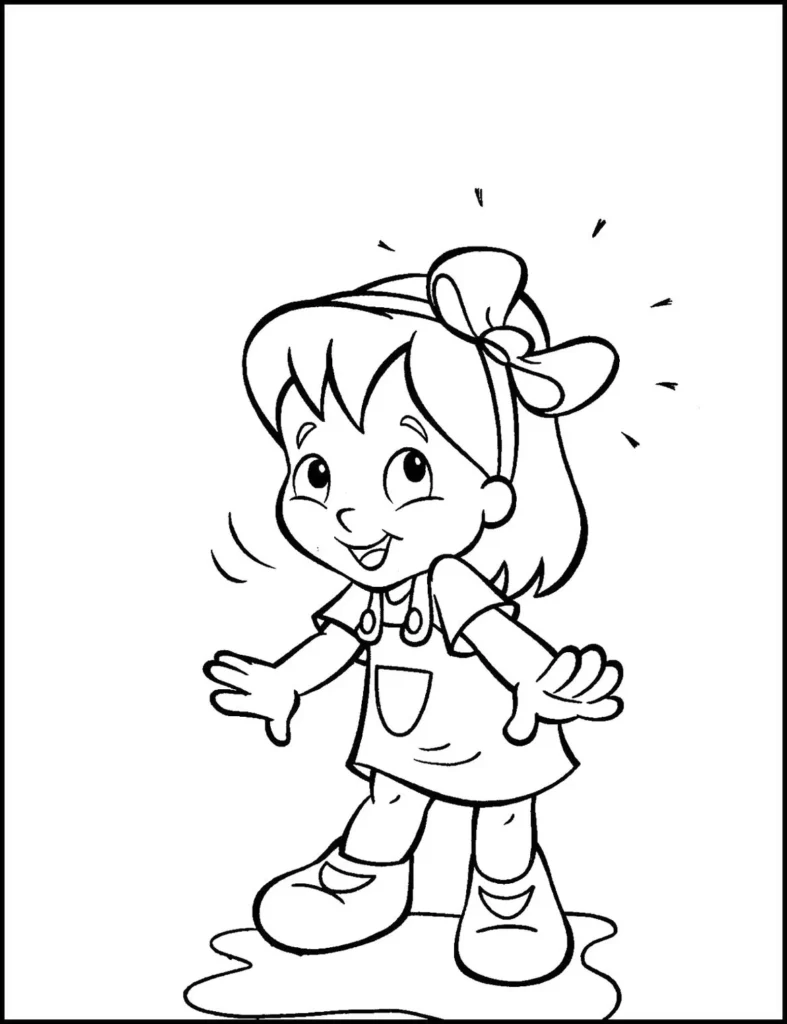 Narizinho do Sítio do Picapau Amarelo para colorir. Menina sorridente com laço e vestido, braços abertos em sinal de alegria.