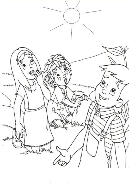 Turma do Sítio do Picapau Amarelo para colorir: Narizinho, Pedrinho e Emília admirando o céu ensolarado.