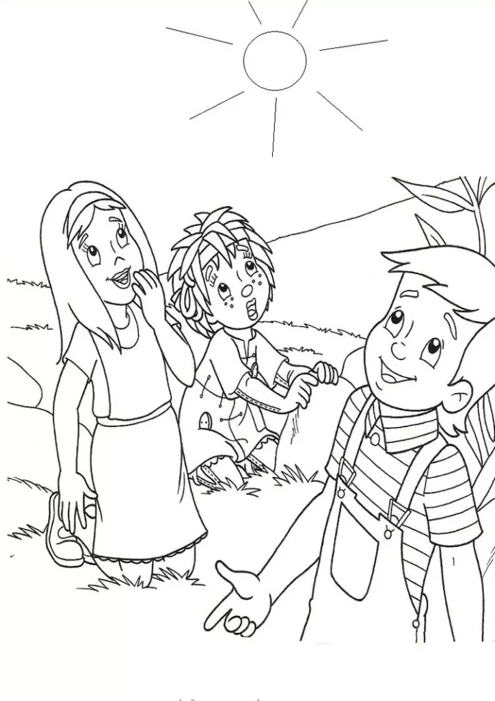 Turma do Sítio do Picapau Amarelo para colorir: Narizinho, Pedrinho e Emília admirando o céu ensolarado.