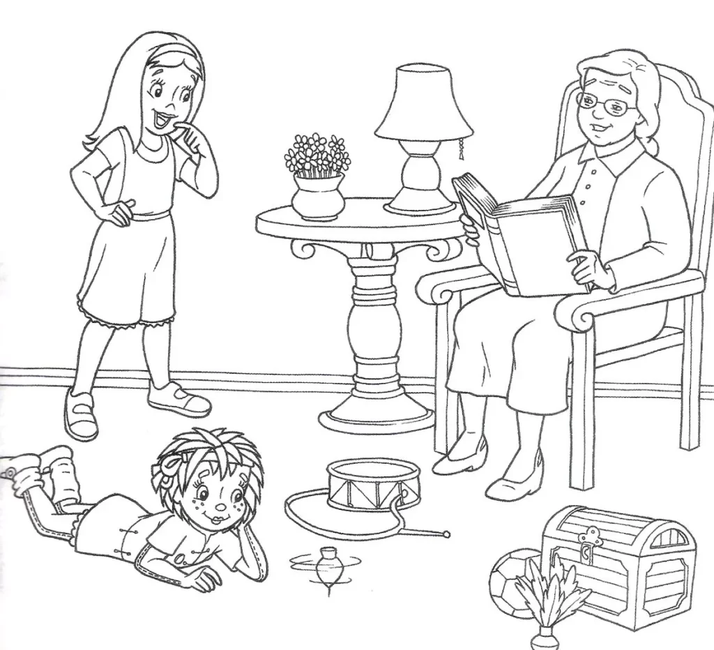 Sítio do Picapau Amarelo: Cena para colorir com personagens ouvindo histórias