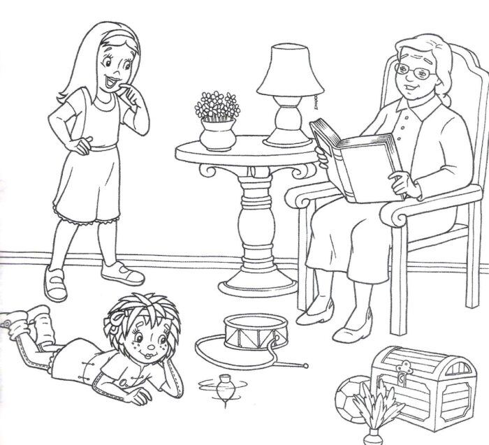 Sítio do Picapau Amarelo: Cena para colorir com personagens ouvindo histórias