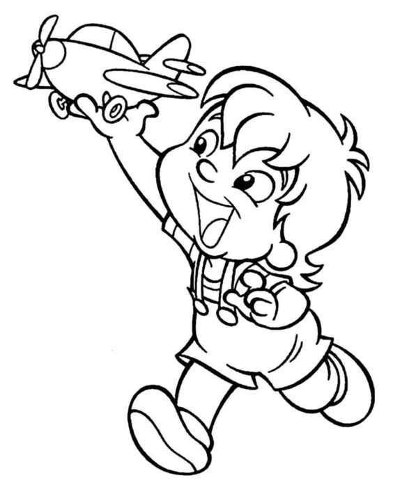 Pedrinho do Sítio do Picapau Amarelo para colorir: desenho de menino com avião de brinquedo.